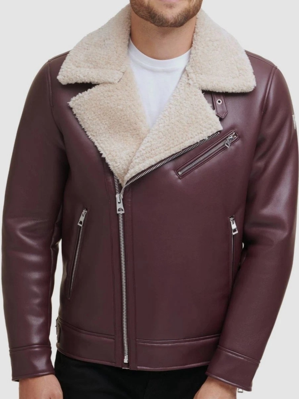 Guess men's Burgundy Shearling-Lined Biker Jacket